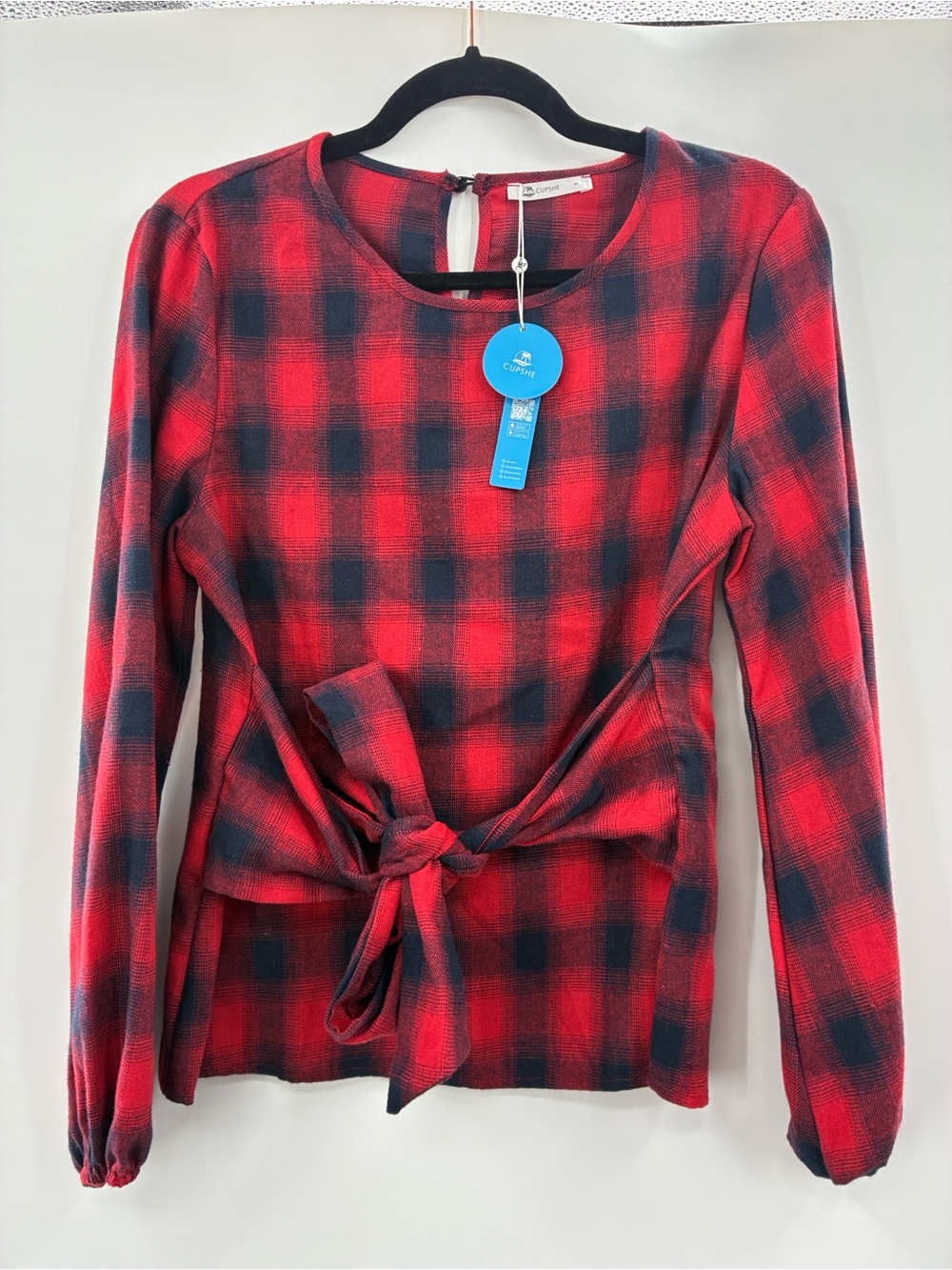 Cupshe Red Plaid Tie-Front Long Sleeve Top size Small